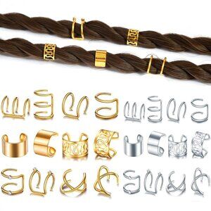24 Pcs Gold Silver Hair Braids Dreadlock Non-Piercing Ear Clip Beard Beads Cuffs